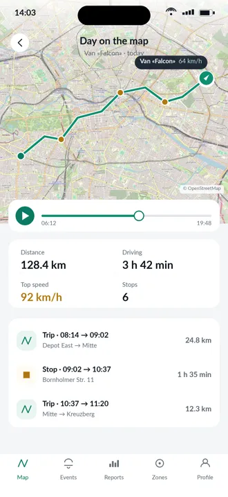 Aplikacja NaviZone: trasa z całego dnia z przebiegiem i postojami